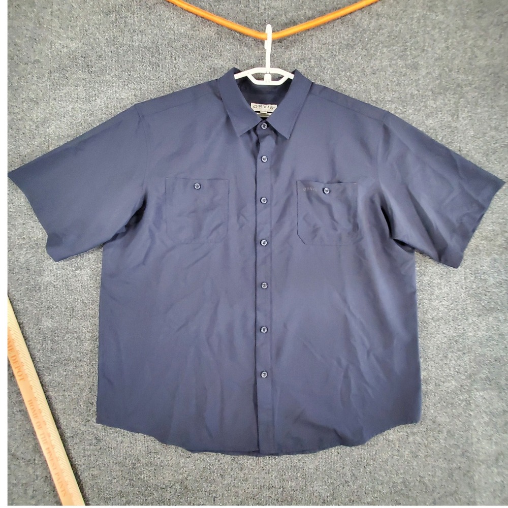 Orvis Shirt Mens 2XL Classic Collection Navy Blue Short Sleeve Button Down